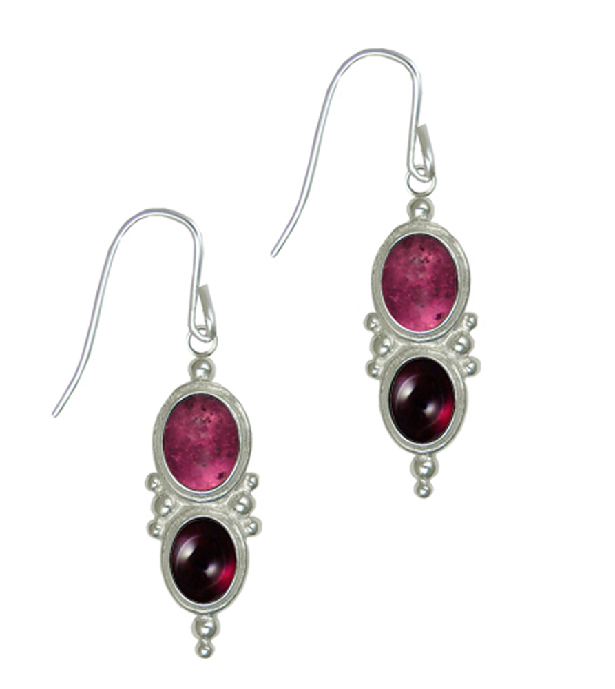 Sterling Silver Drop Dangle Earrings With Pink Tourmaline And Garnet